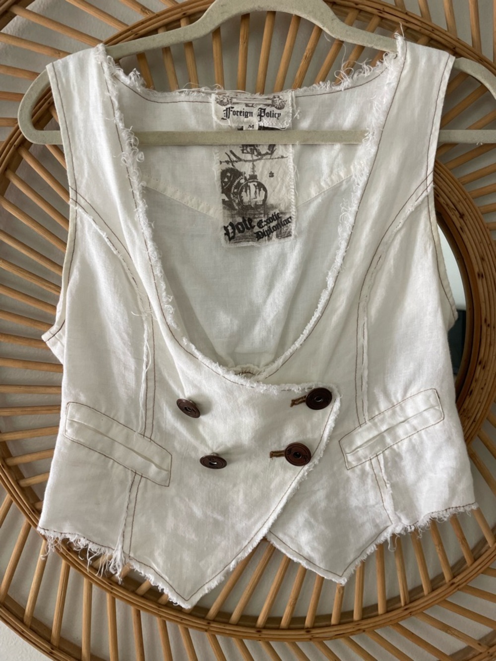 Foreign Policy White Linen Double-Breasted Vest